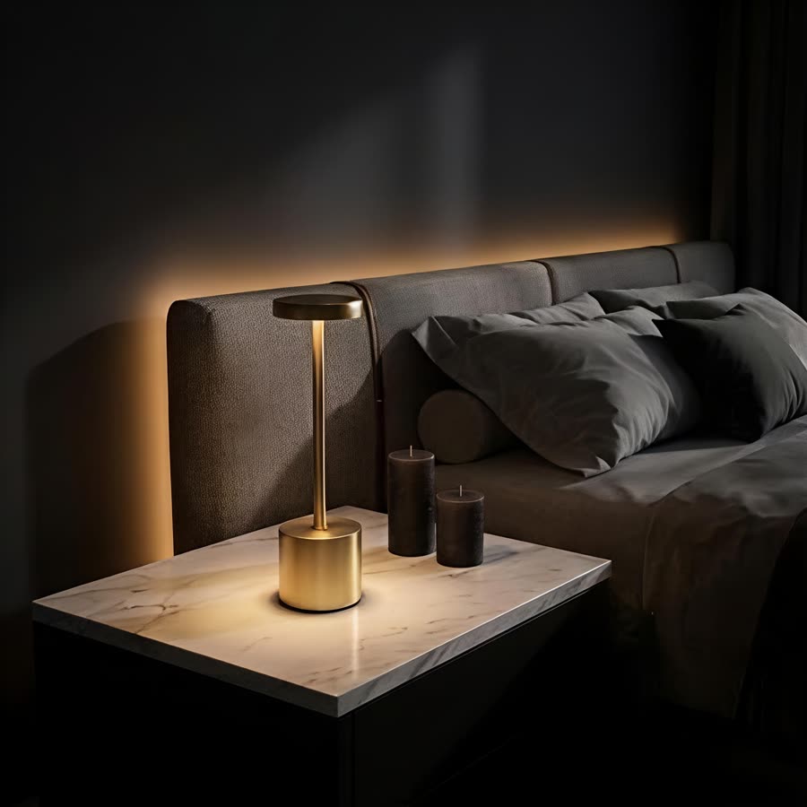 The Aura Touch cordless lamp lit on a marble bedside table