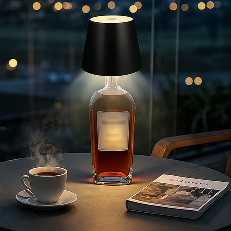 The Bottle Lamp lit on a decanter beside a coffee cup and a book