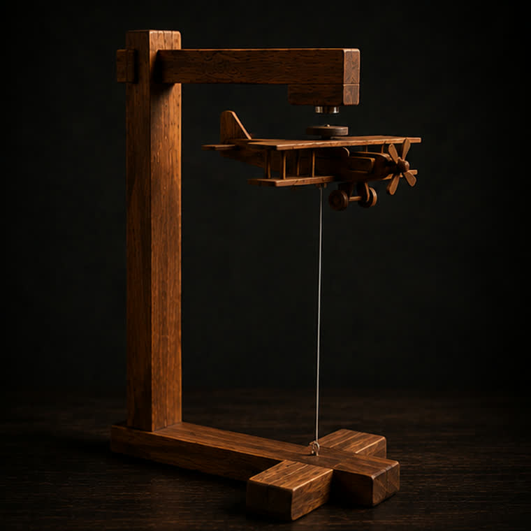The Wooden Flying Plane on its floating display stand