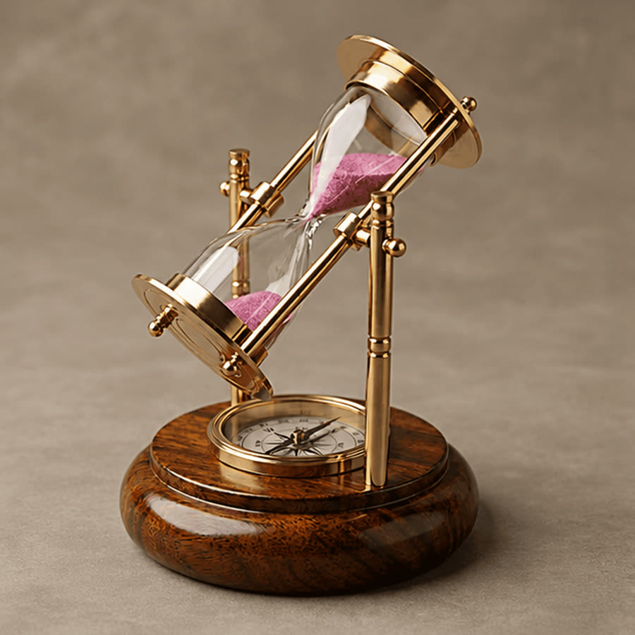 The Nautical Hourglass in a brass frame with a compass set into the wooden base