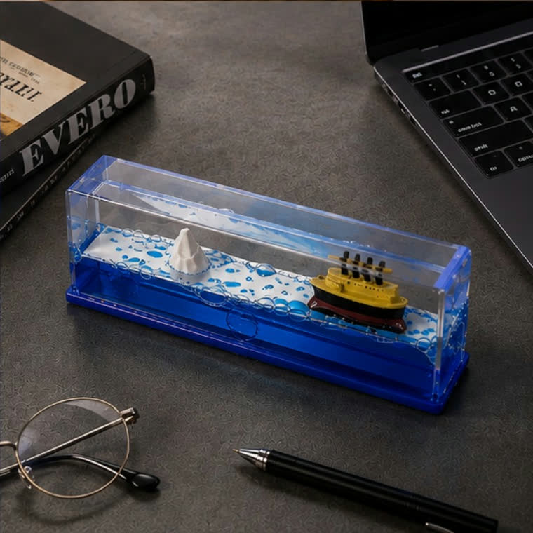The Ocean Motion Showpiece, a ship in a sealed blue liquid frame