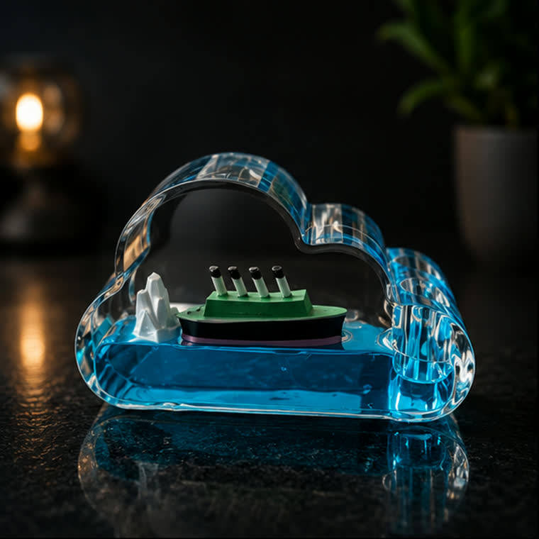 The Floating Ship Pen Stand in clear blue on a desk