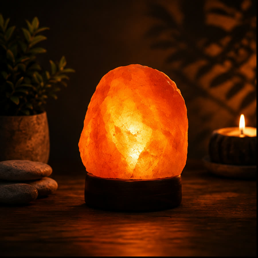 The Himalayan Salt Glow Lamp glowing orange beside a plant and a candle