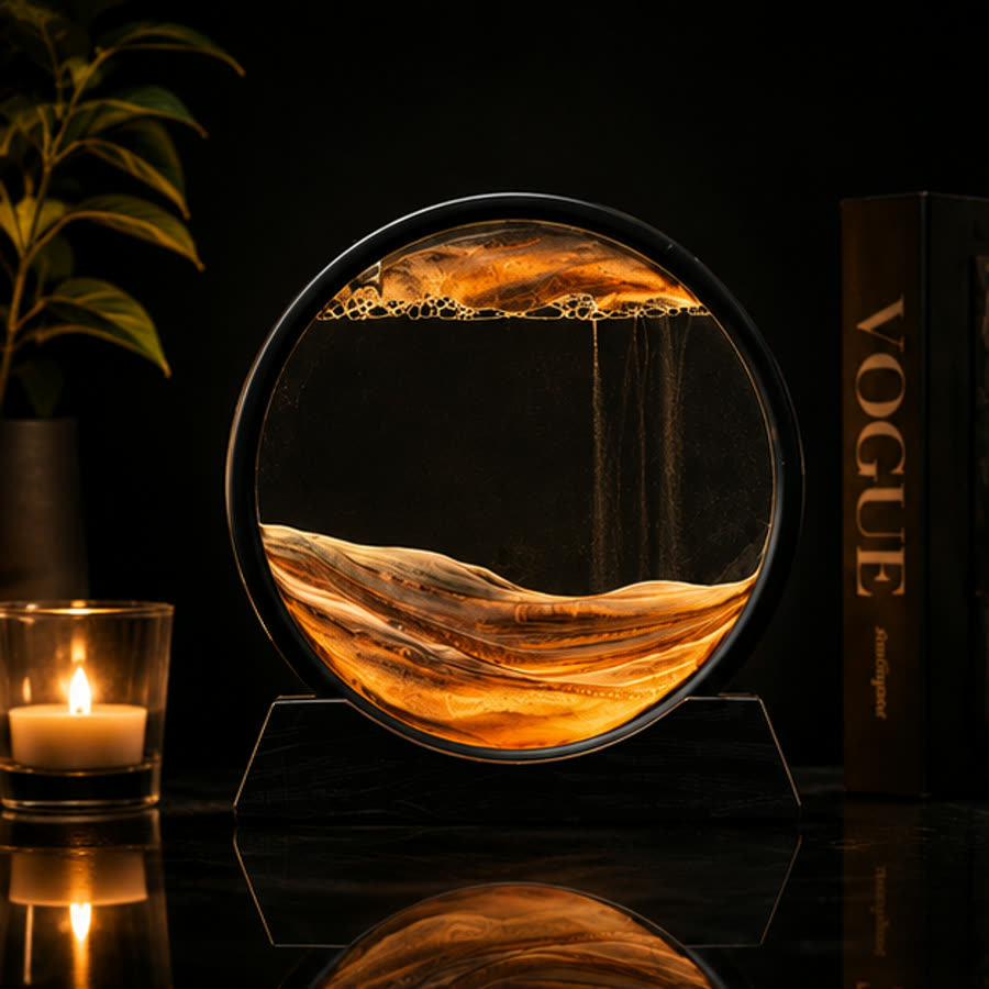 The 3D Moving Sand Art Frame lit amber, sand falling through the glass