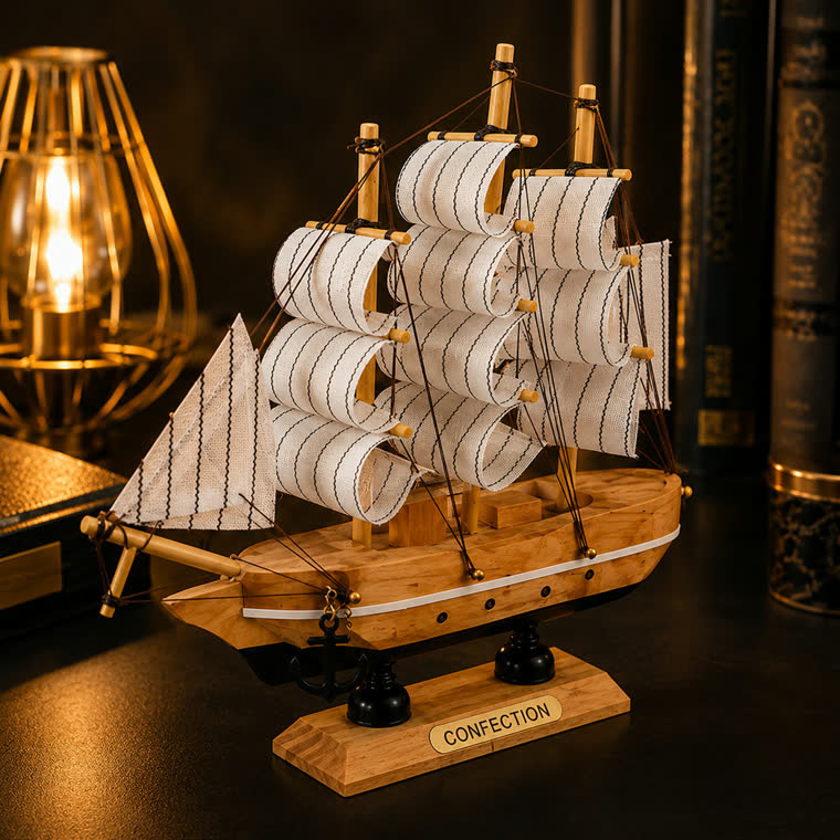 The Mini Ship Model, a polished wooden sailboat on a stand