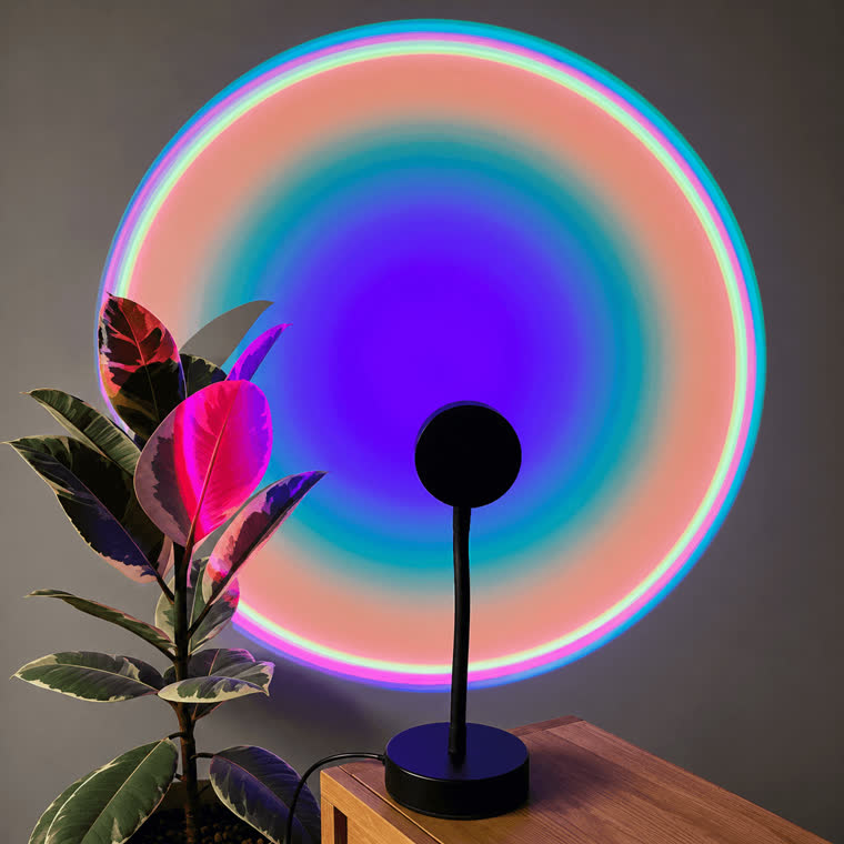 The Sunset Lamp Projector throwing a circle of colour onto a wall